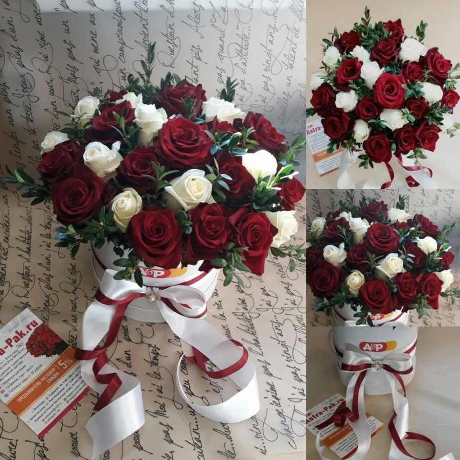 Композиция из белых и красных роз в шляпной коробке! — Волгоград, Новое